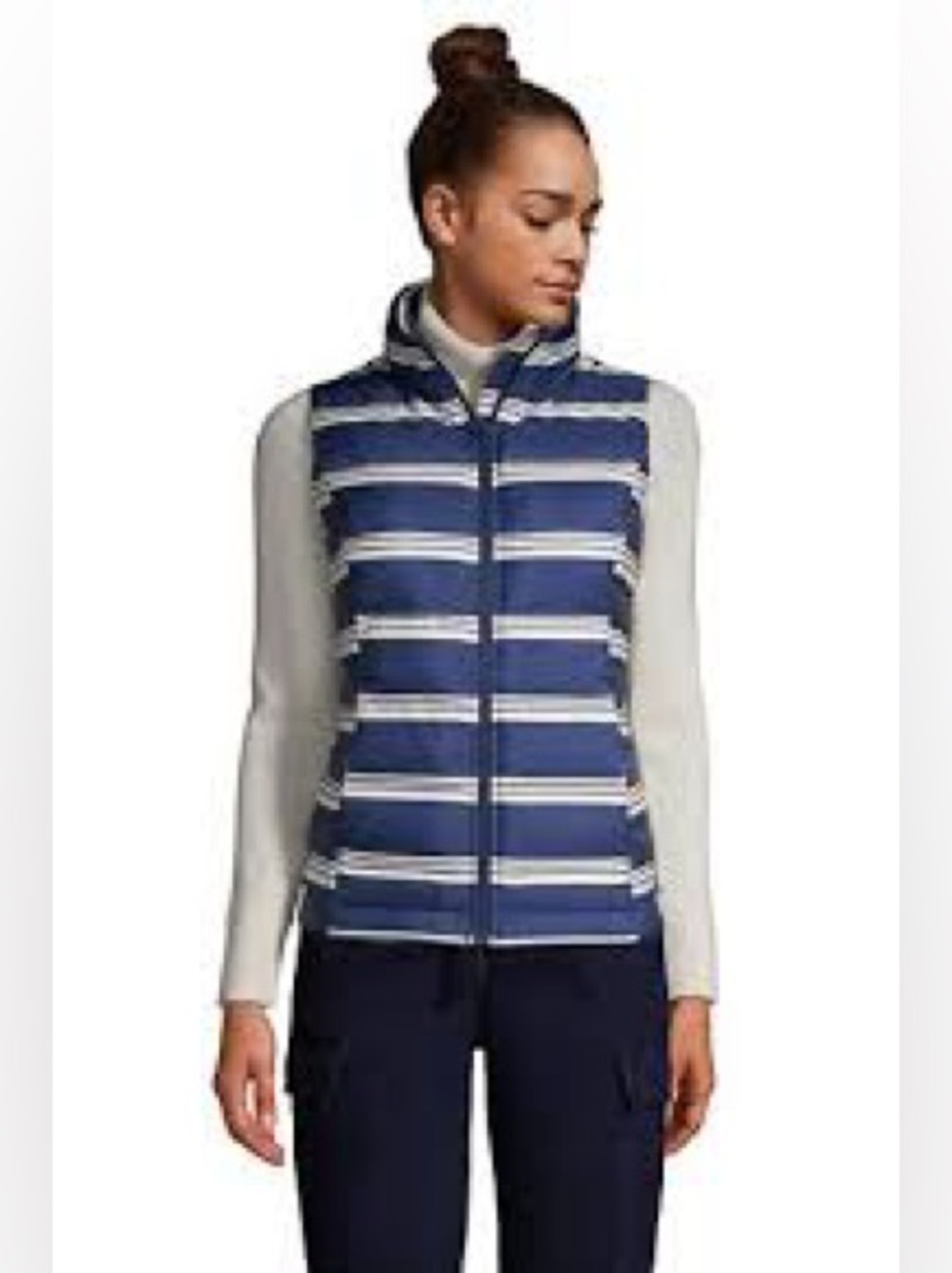Women’s Lands' End navy and white striped down puffer vest. Size 1X.